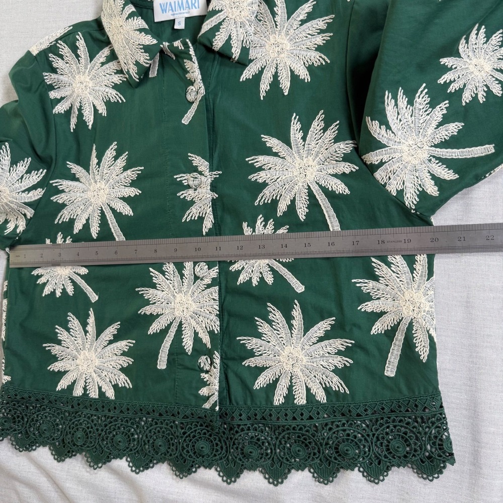 WAIMARI Tayrona Palm Tree Embroidered Cotton Lace Jacket Green Small Resort Chic - Picture 11 of 13